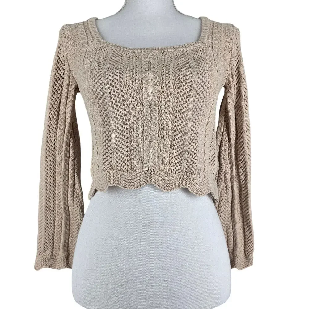 PINK ROSE WOMEN'S CROPPED KNIT SWEATER SIZE SMALL BEIGE TEXTURED CABLE OPENWORK